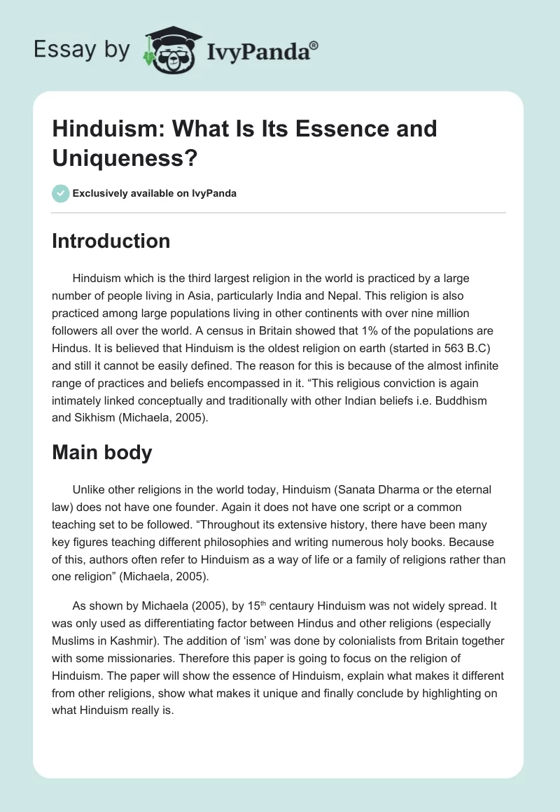 Hinduism: What Is Its Essence and Uniqueness?. Page 1