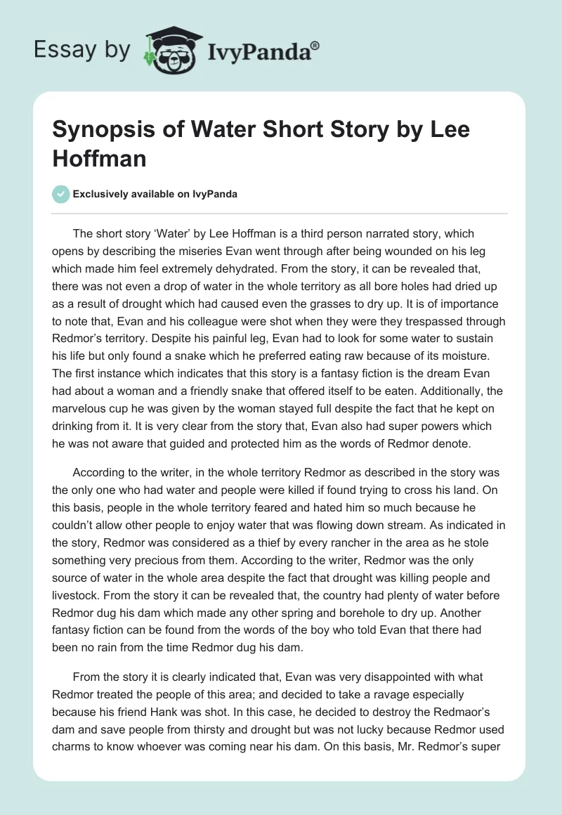 Synopsis of "Water" Short Story by Lee Hoffman. Page 1