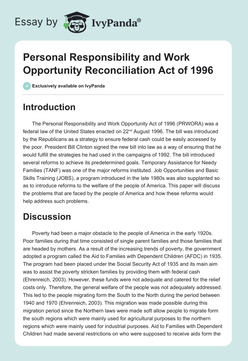 Personal Responsibility and Work Opportunity Reconciliation Act of 1996. Page 1