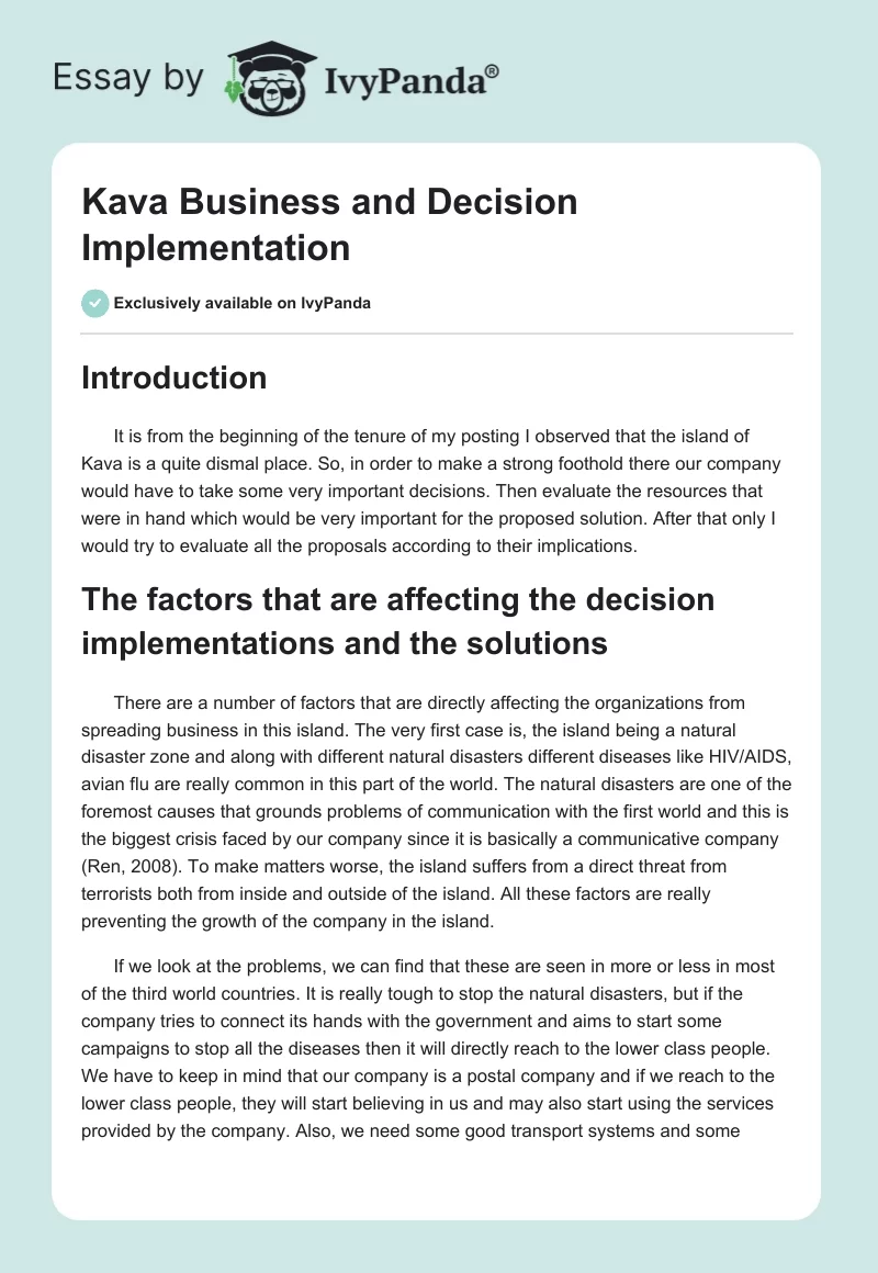 Kava Business and Decision Implementation. Page 1