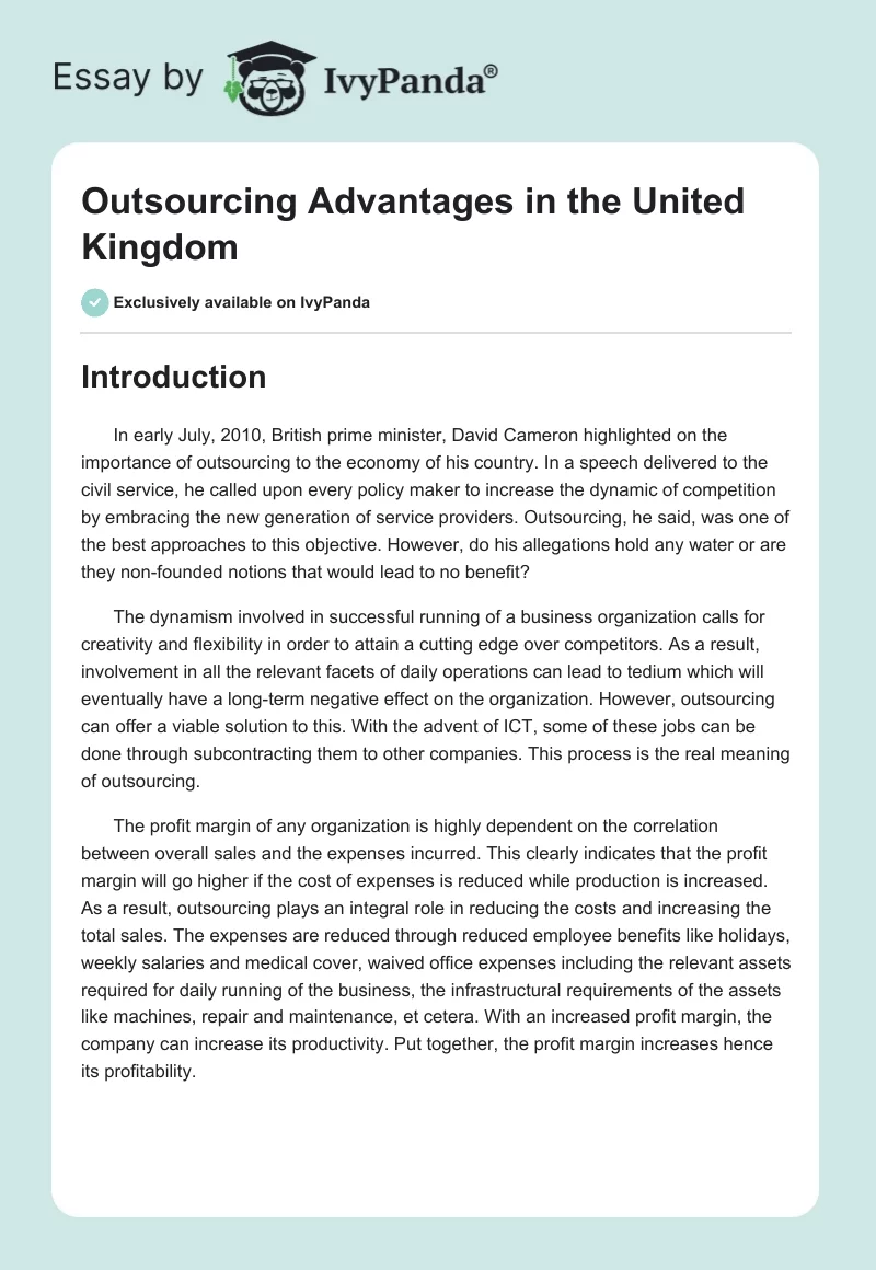 Outsourcing Advantages in the United Kingdom. Page 1