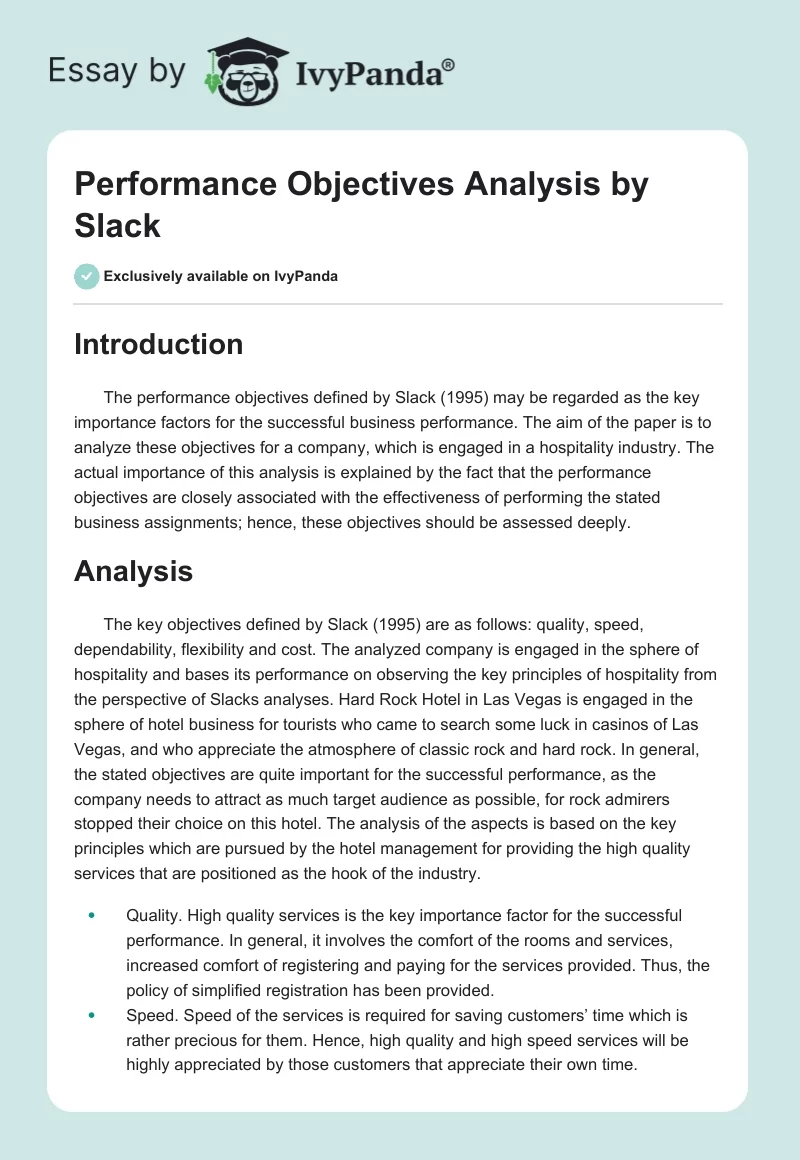 Performance Objectives Analysis by Slack. Page 1