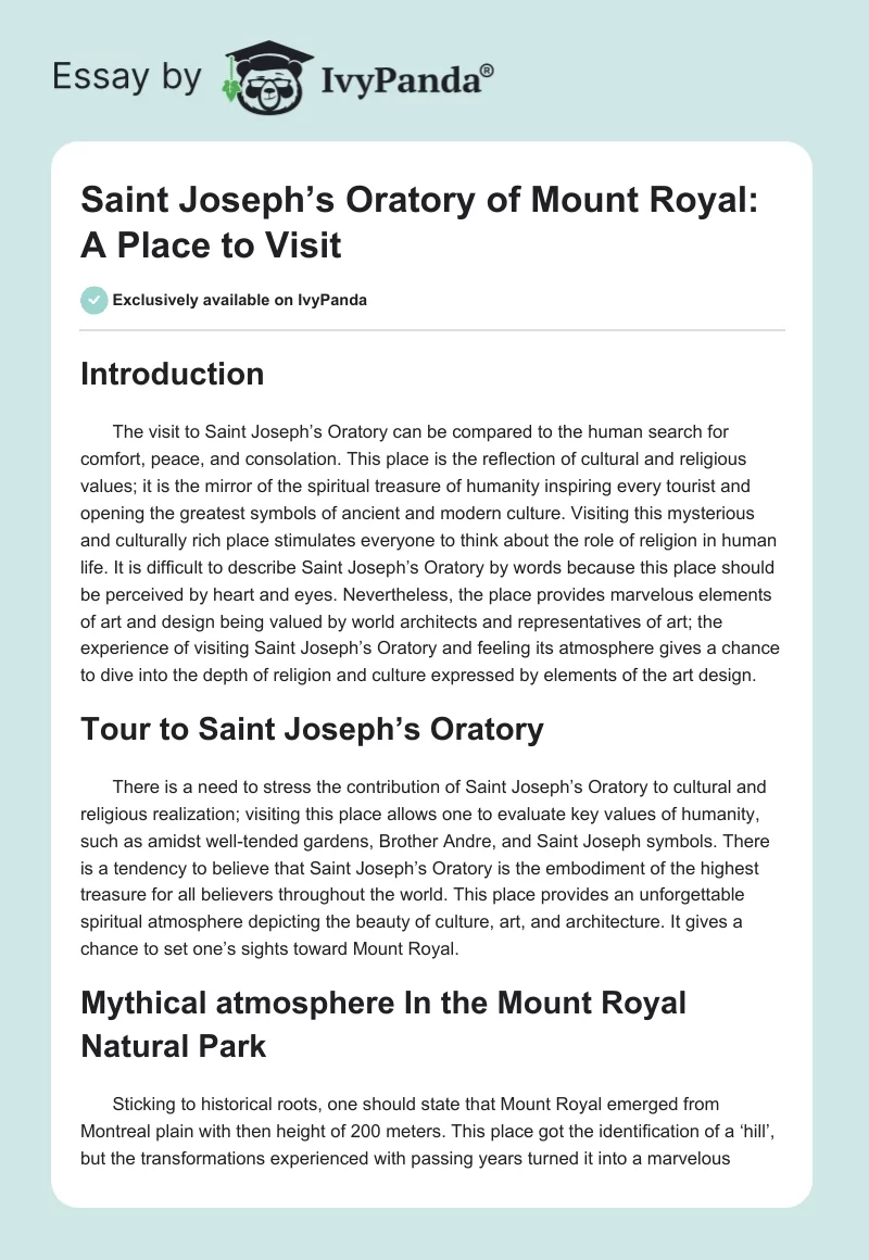 Saint Joseph’s Oratory of Mount Royal: A Place to Visit. Page 1