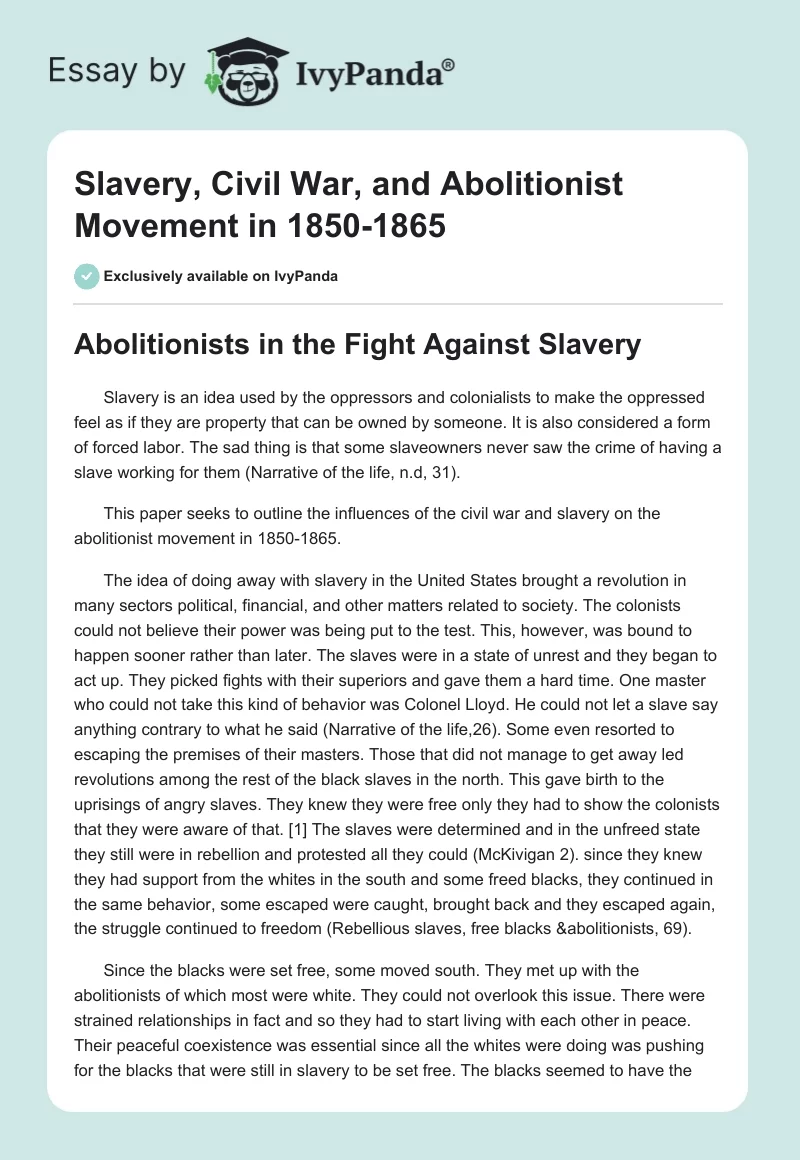 Slavery, Civil War, and Abolitionist Movement in 1850-1865. Page 1