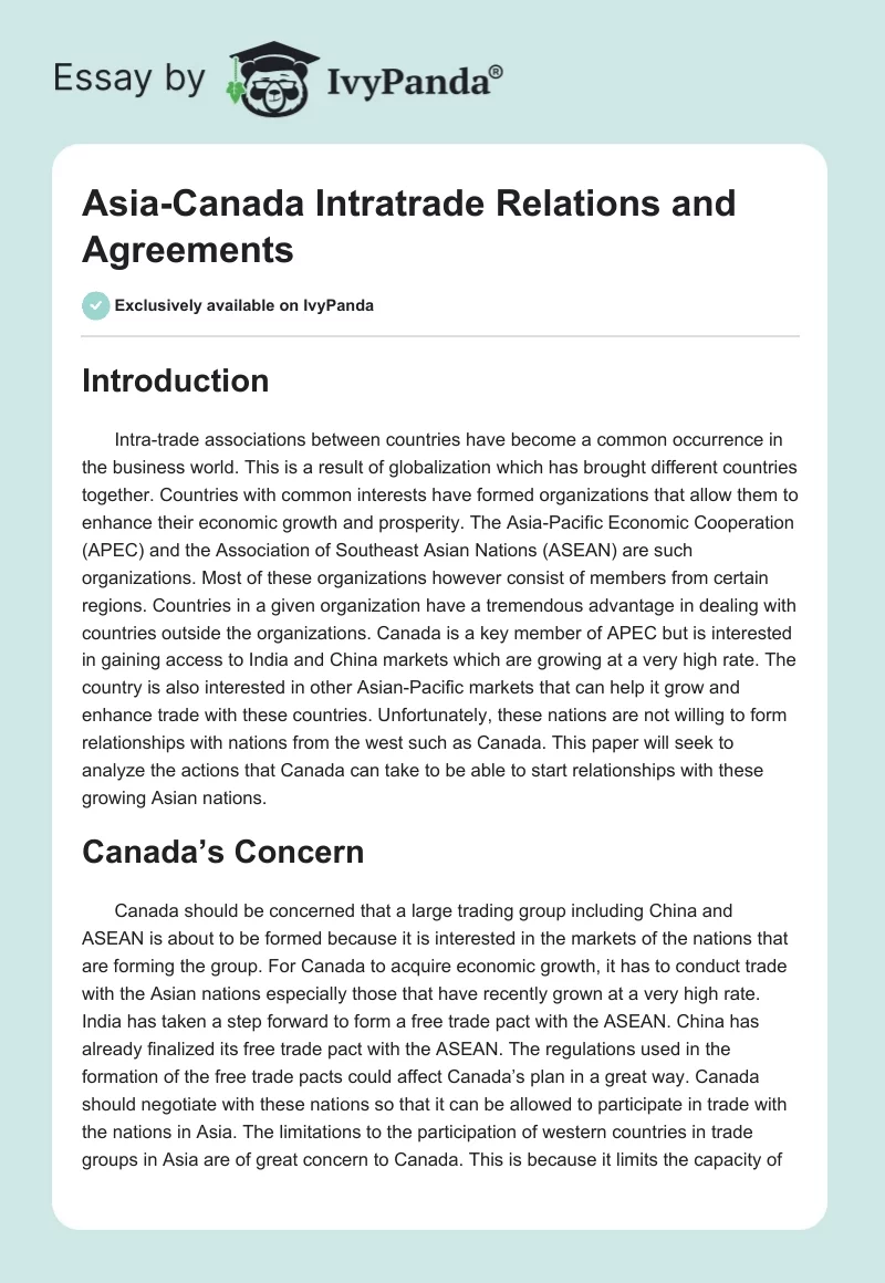 Asia-Canada Intratrade Relations and Agreements. Page 1