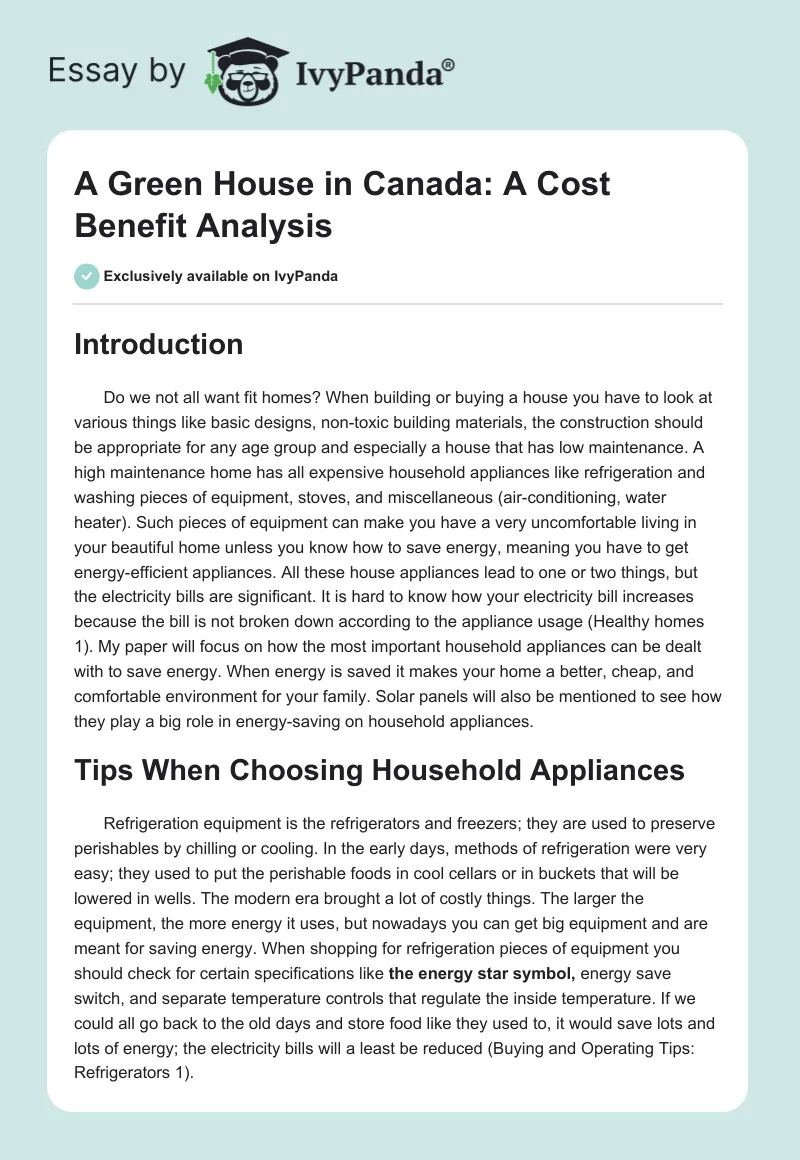 A Green House in Canada: A Cost Benefit Analysis. Page 1