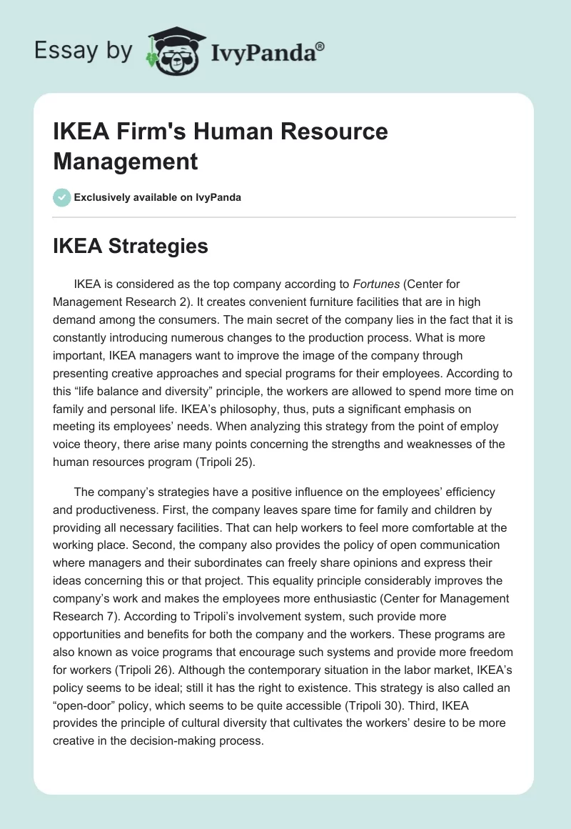 IKEA Firm's Human Resource Management. Page 1