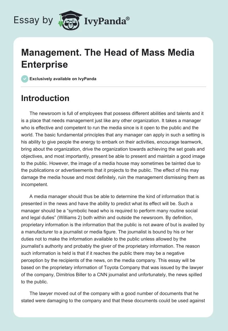 Management. The Head of Mass Media Enterprise. Page 1
