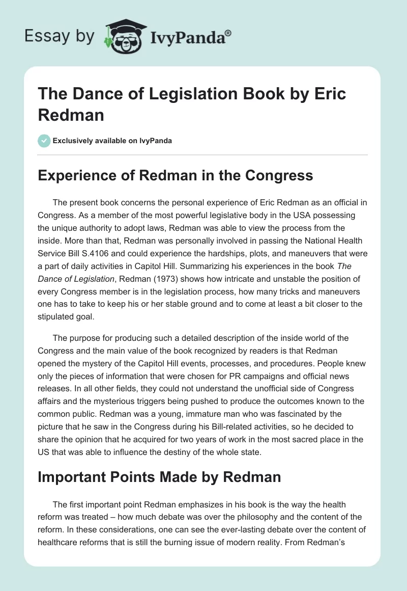 "The Dance of Legislation" Book by Eric Redman. Page 1