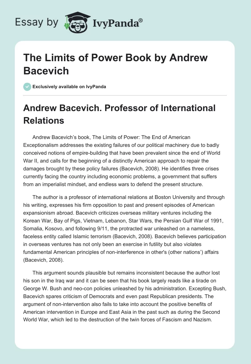 "The Limits of Power" Book by Andrew Bacevich. Page 1
