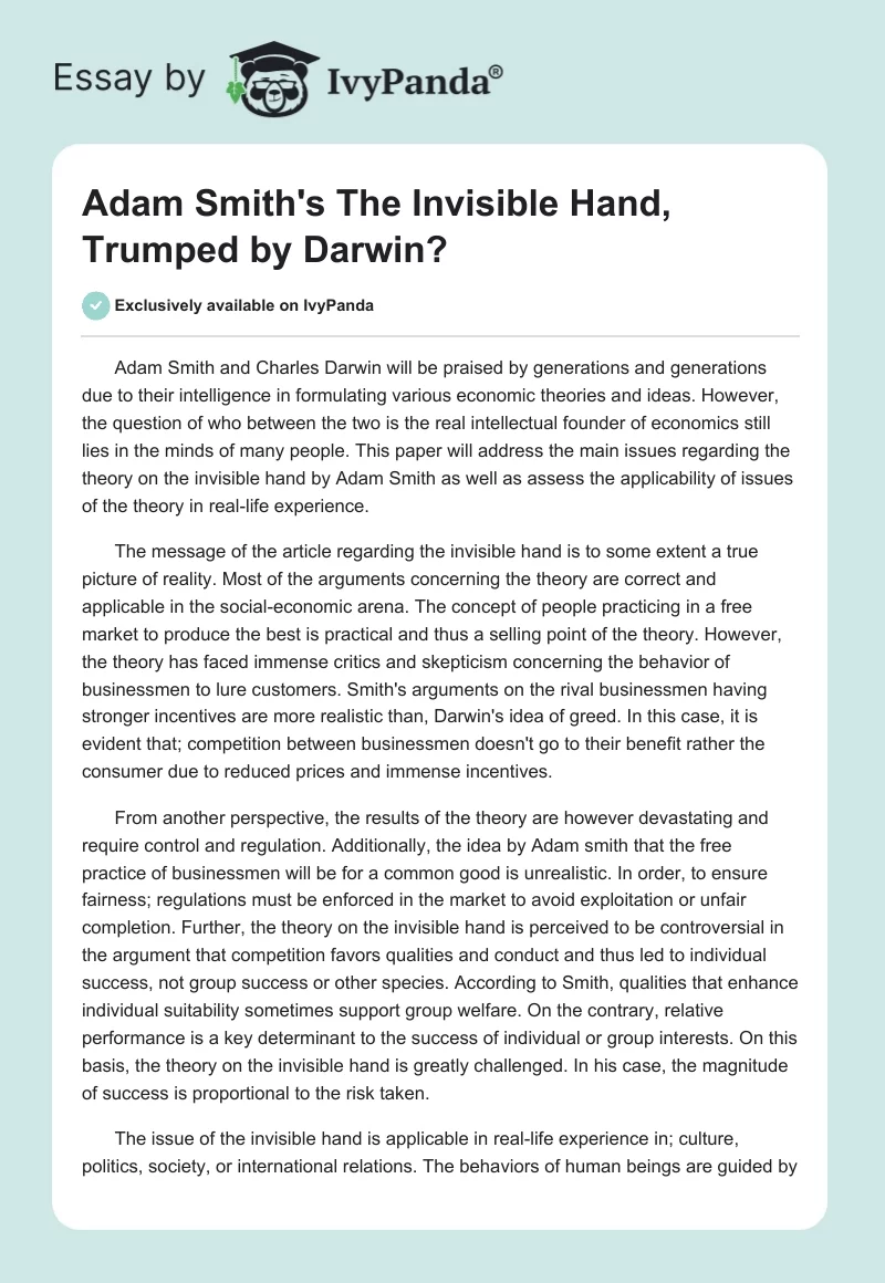 Adam Smith's The Invisible Hand, Trumped by Darwin?. Page 1