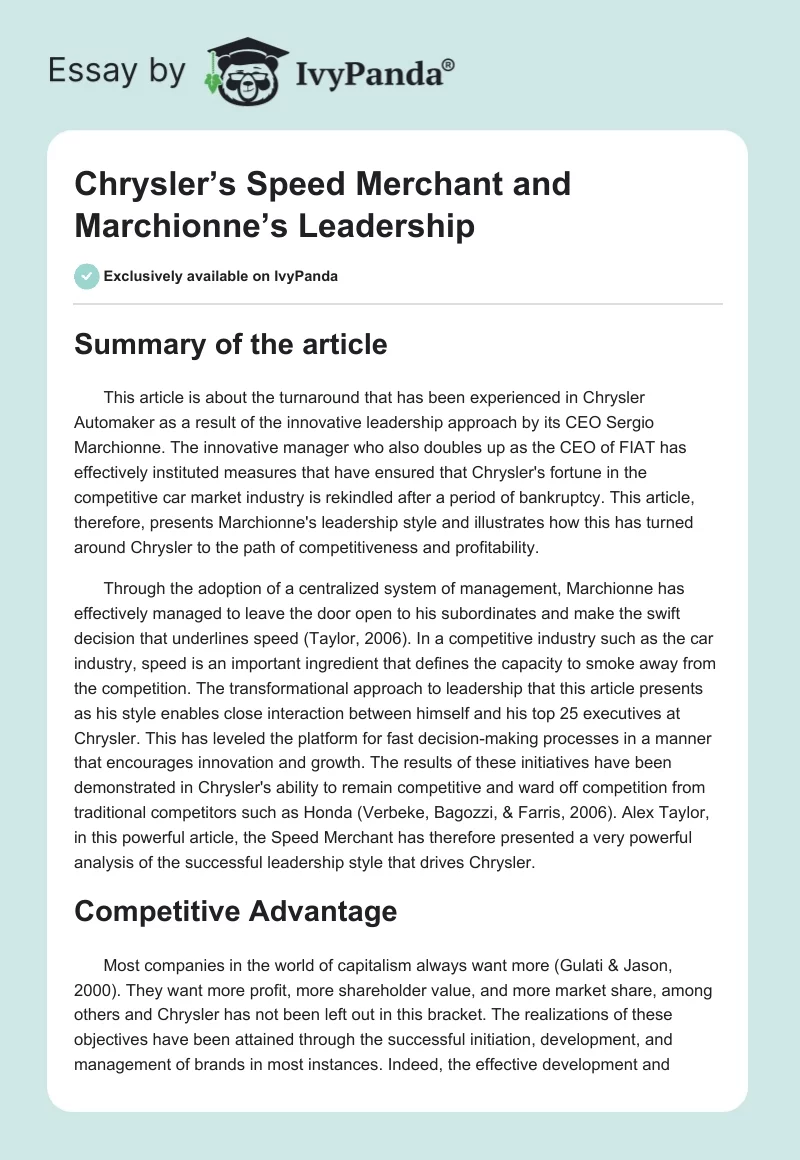 Chrysler’s Speed Merchant and Marchionne’s Leadership. Page 1