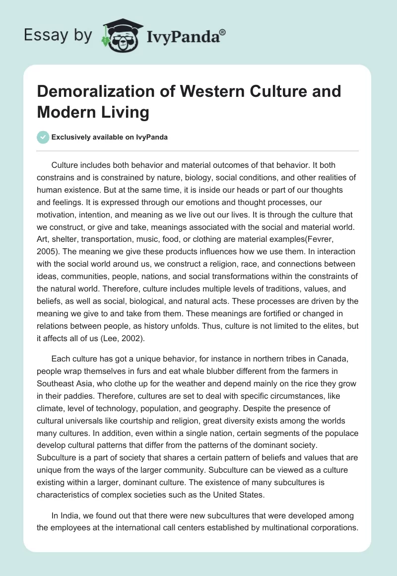 Demoralization of Western Culture and Modern Living. Page 1