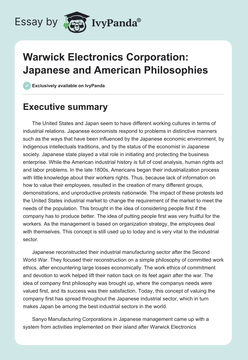 Warwick Electronics Corporation: Japanese and American Philosophies. Page 1