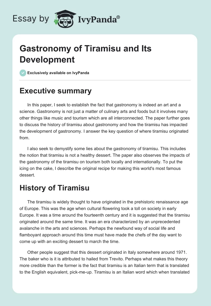 Gastronomy of Tiramisu and Its Development. Page 1