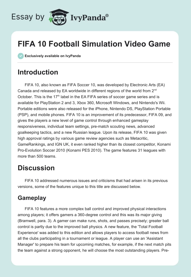 FIFA 10 Football Simulation Video Game. Page 1