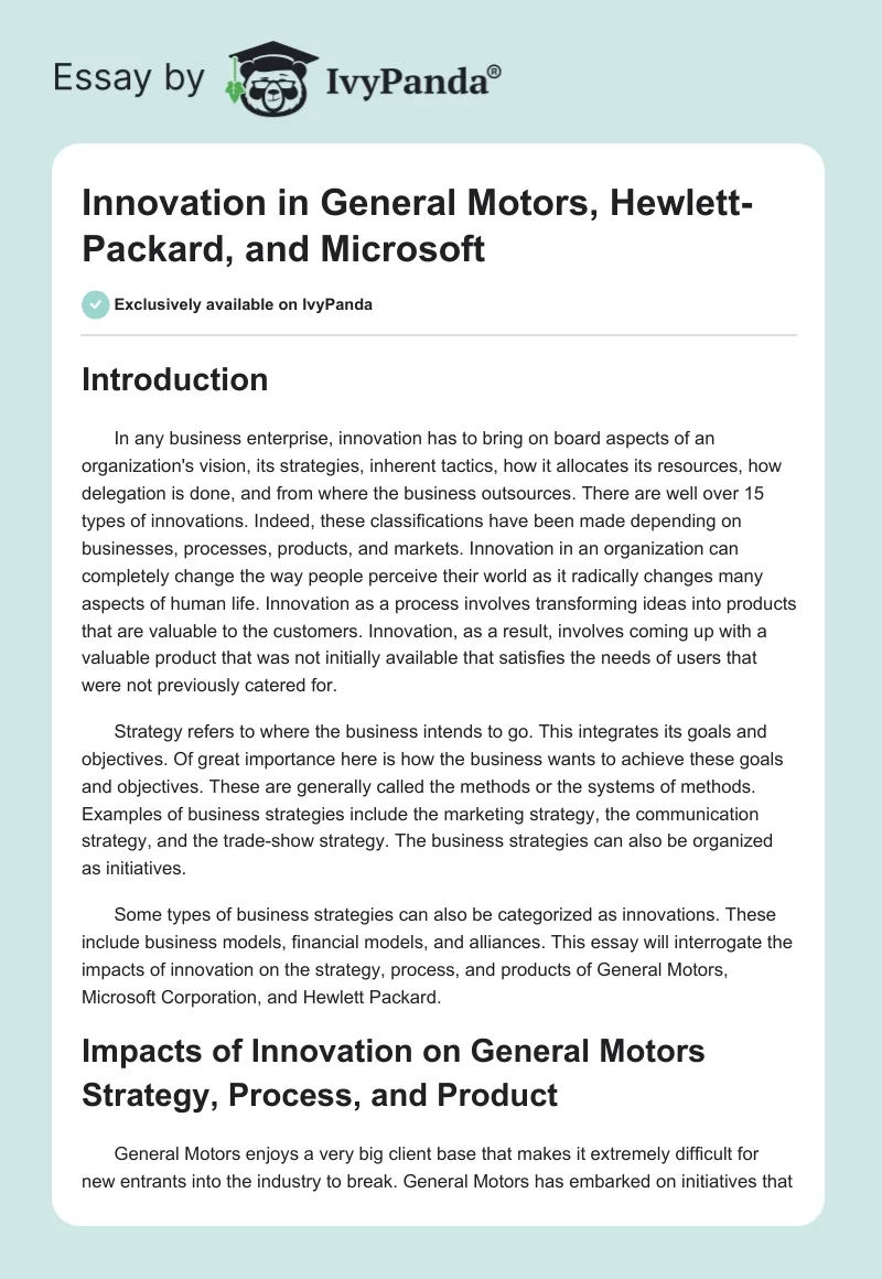 Innovation in General Motors, Hewlett-Packard, and Microsoft. Page 1