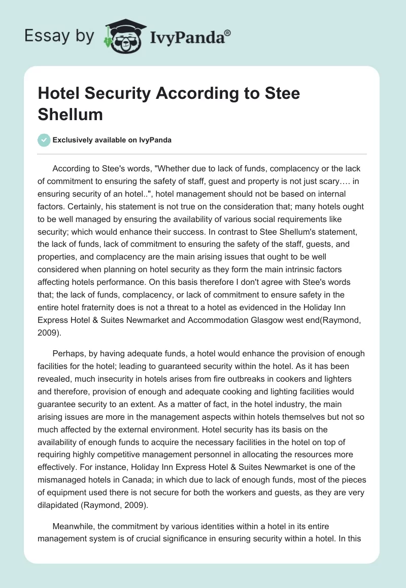 Hotel Security According to Stee Shellum. Page 1