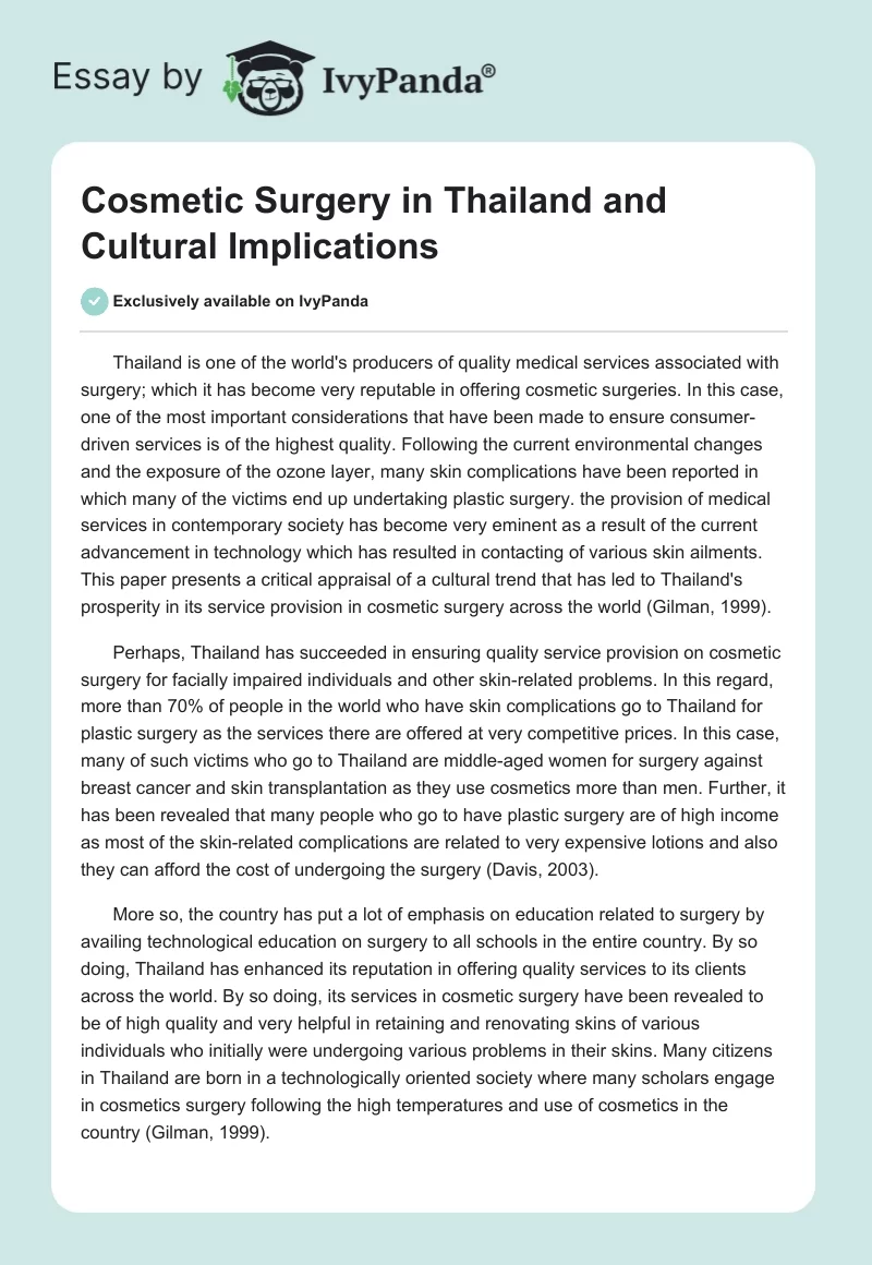 Cosmetic Surgery in Thailand and Cultural Implications. Page 1