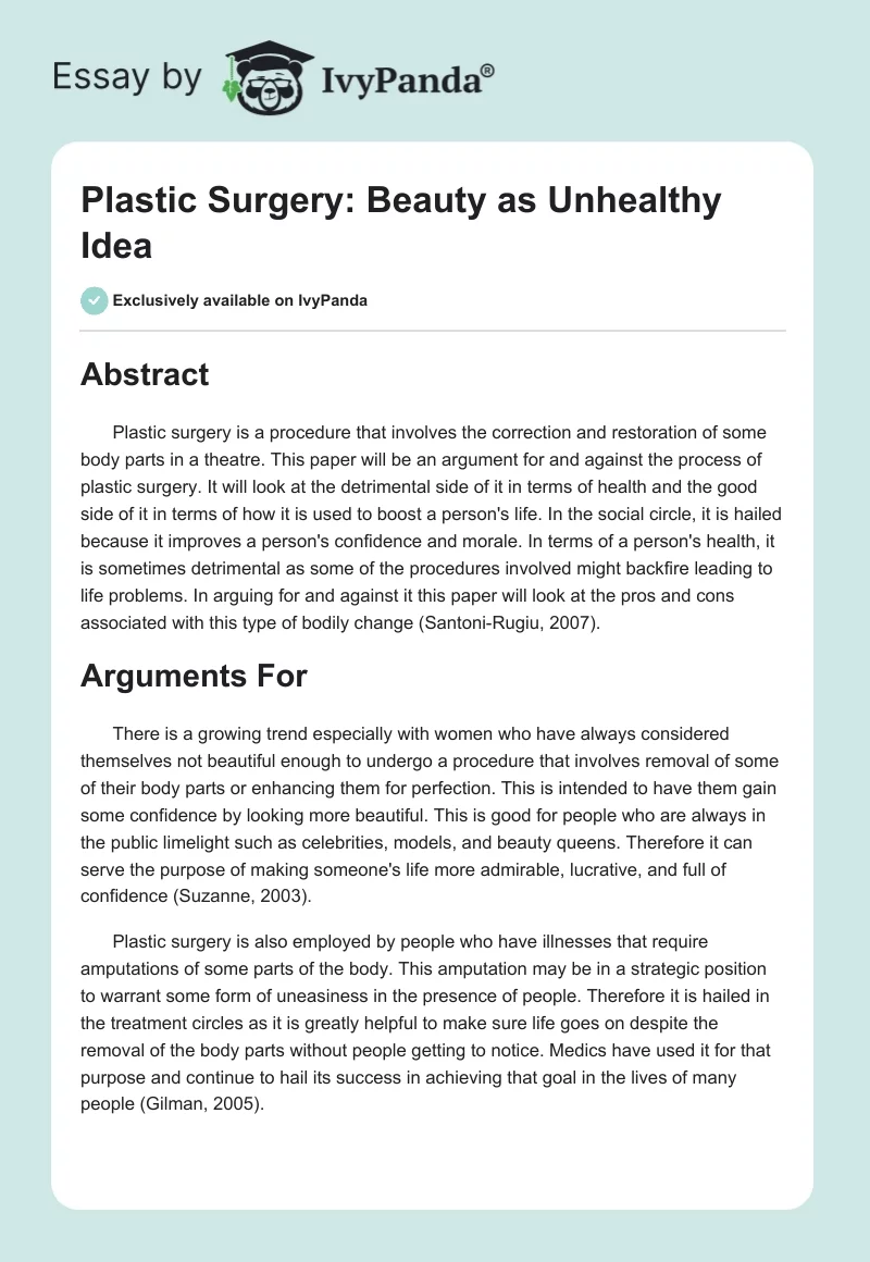 Plastic Surgery: Beauty as Unhealthy Idea. Page 1