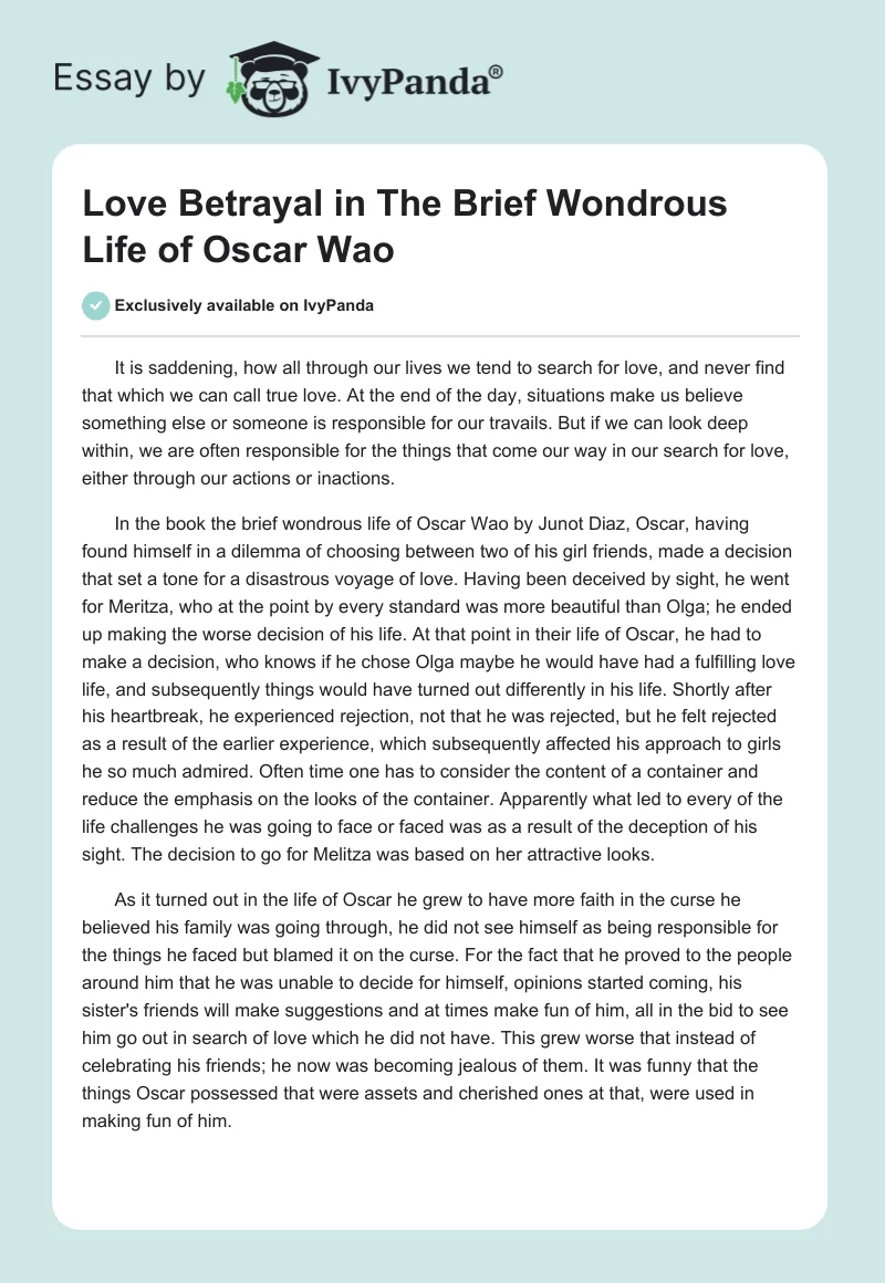 Love Betrayal in The Brief Wondrous Life of Oscar Wao. Page 1
