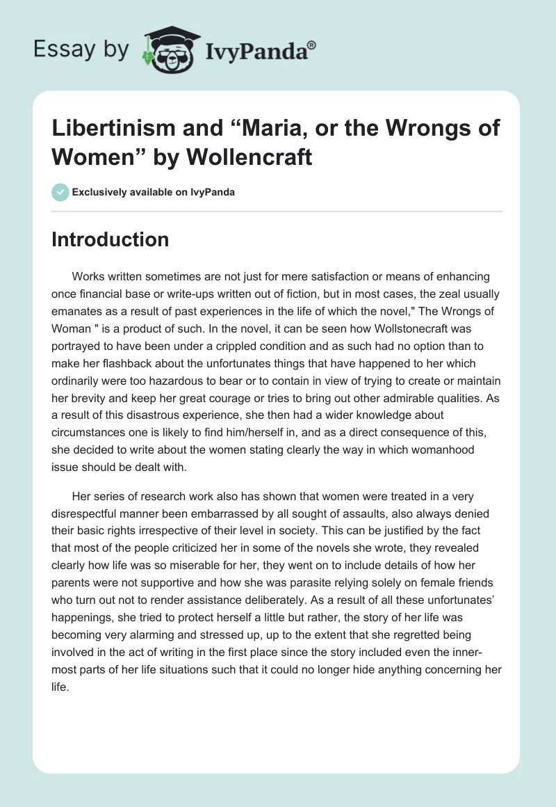Libertinism and “Maria, or the Wrongs of Women” by Wollencraft. Page 1