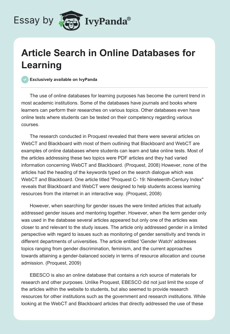 Article Search in Online Databases for Learning. Page 1