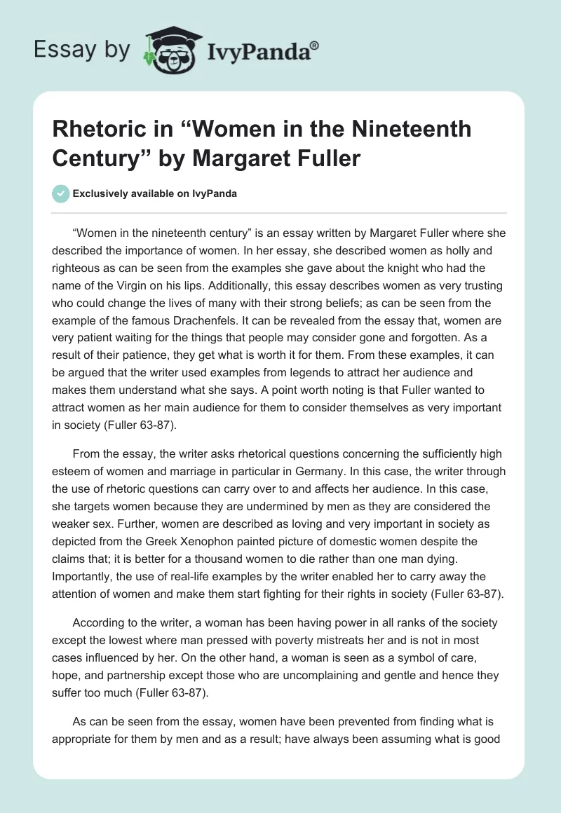 Rhetoric in “Women in the Nineteenth Century” by Margaret Fuller. Page 1