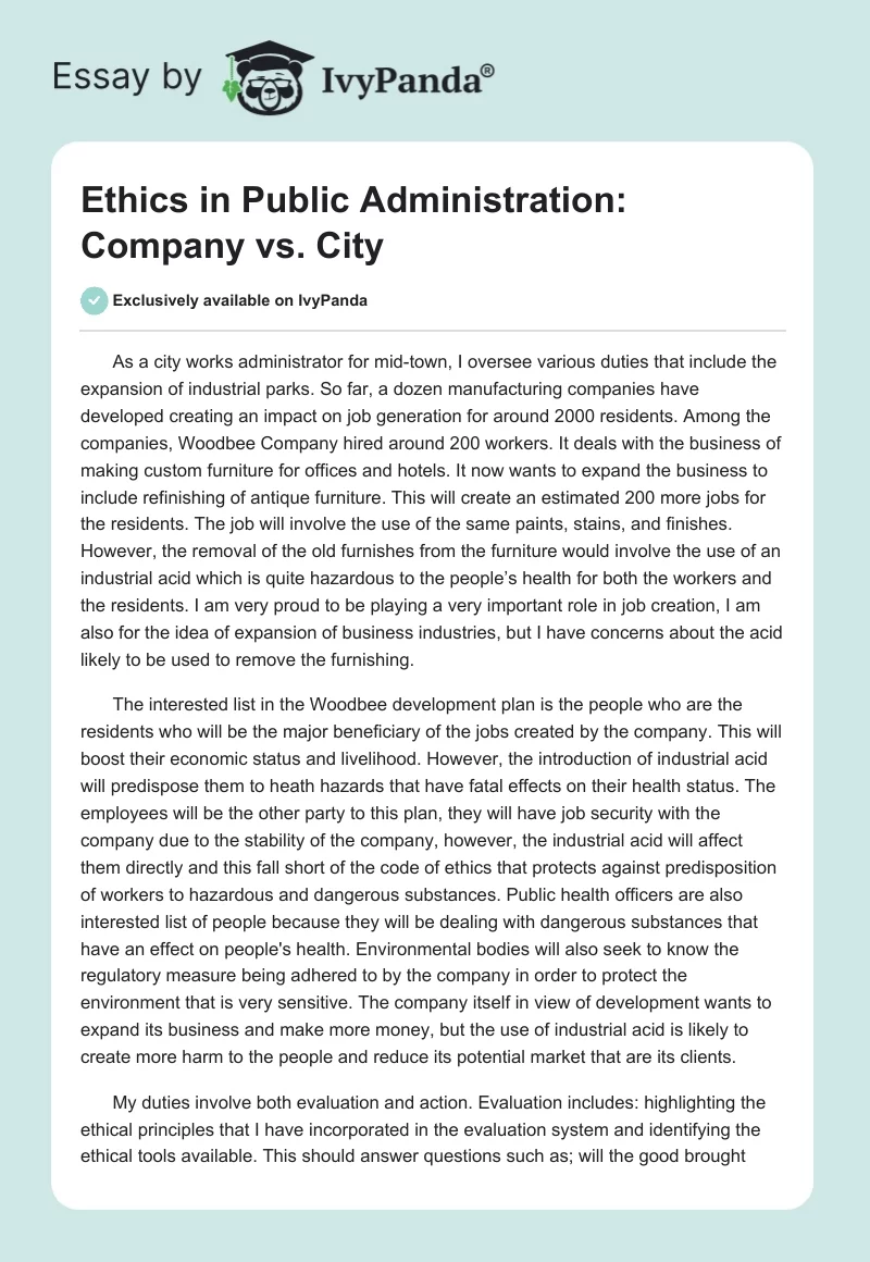 Ethics in Public Administration: Company vs. City. Page 1