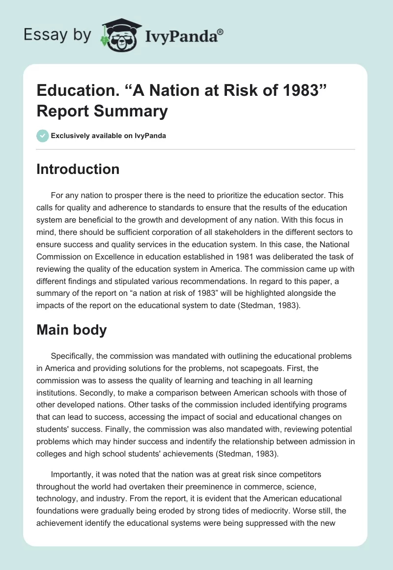 Education. “A Nation at Risk of 1983” Report Summary. Page 1