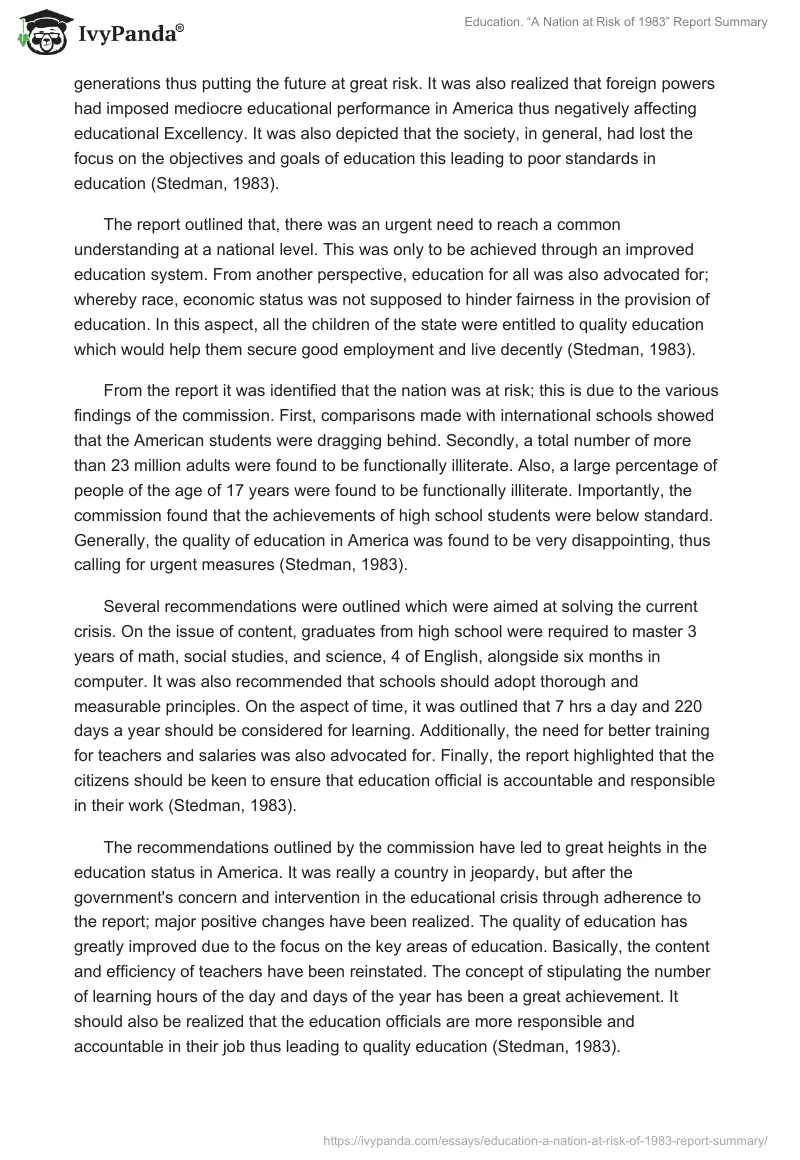 Education. “A Nation at Risk of 1983” Report Summary. Page 2