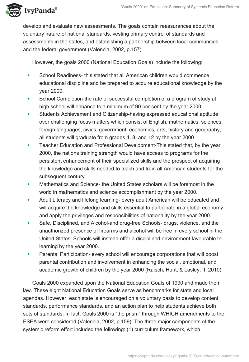 “Goals 2000” on Education: Summary of the Systemic Education Reform. Page 2