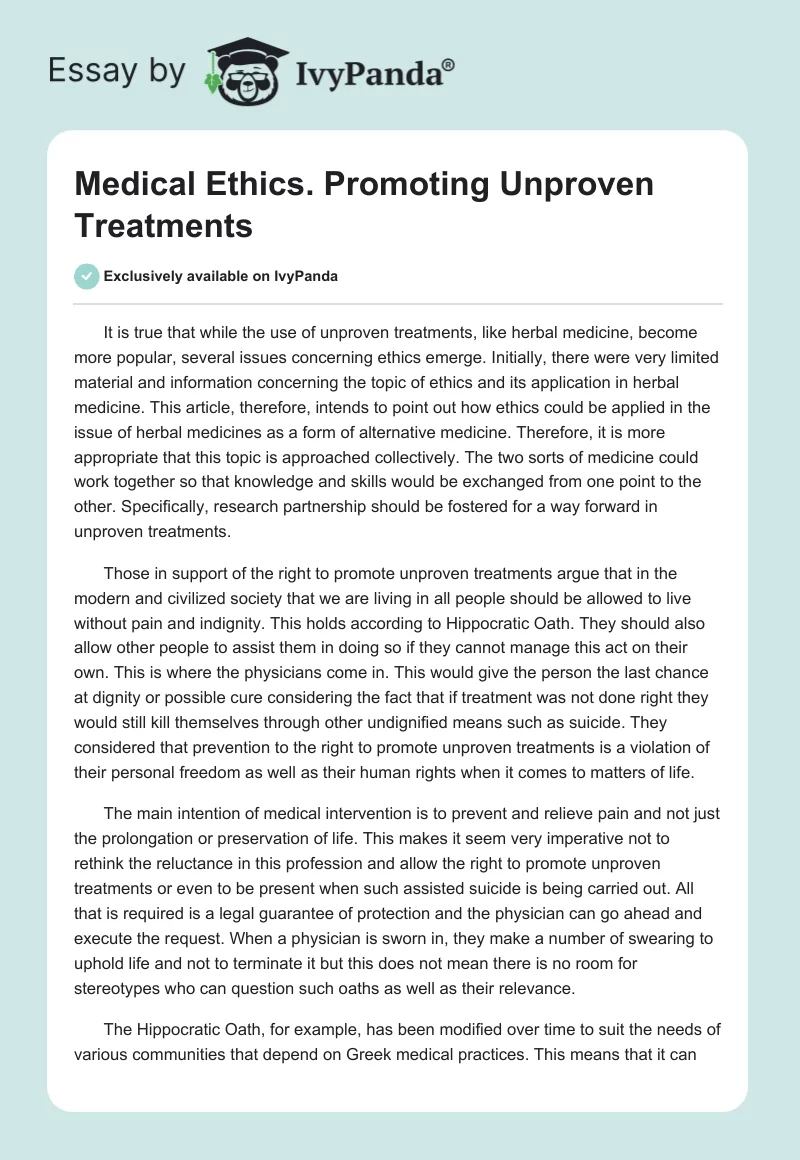 Medical Ethics. Promoting Unproven Treatments. Page 1