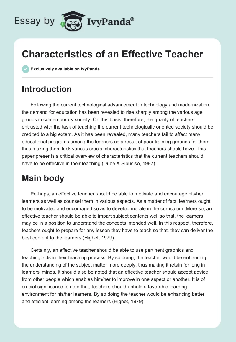 Characteristics of an Effective Teacher. Page 1