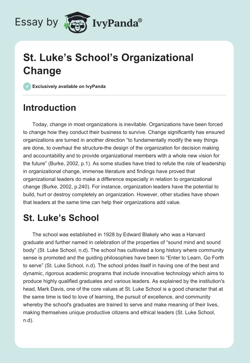 St. Luke’s School’s Organizational Change. Page 1