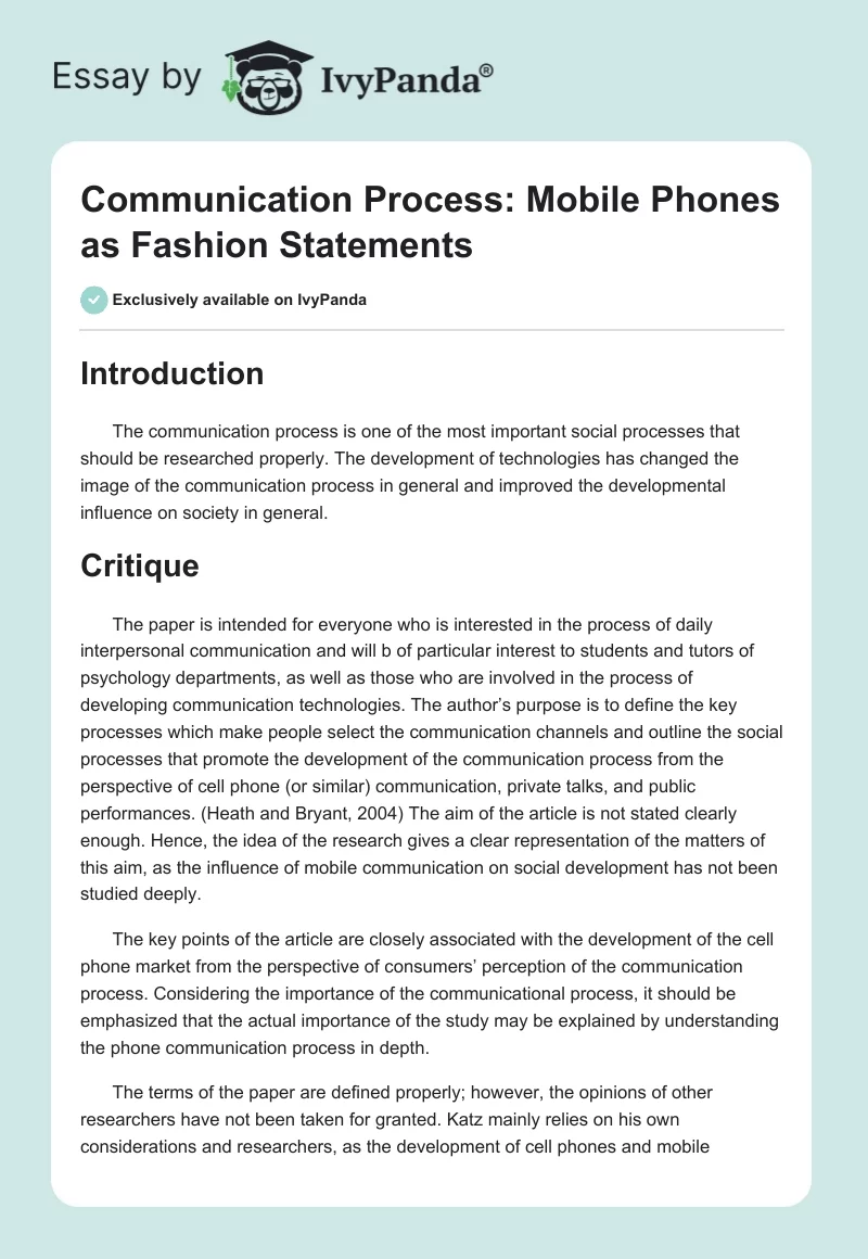 Communication Process: Mobile Phones as Fashion Statements. Page 1