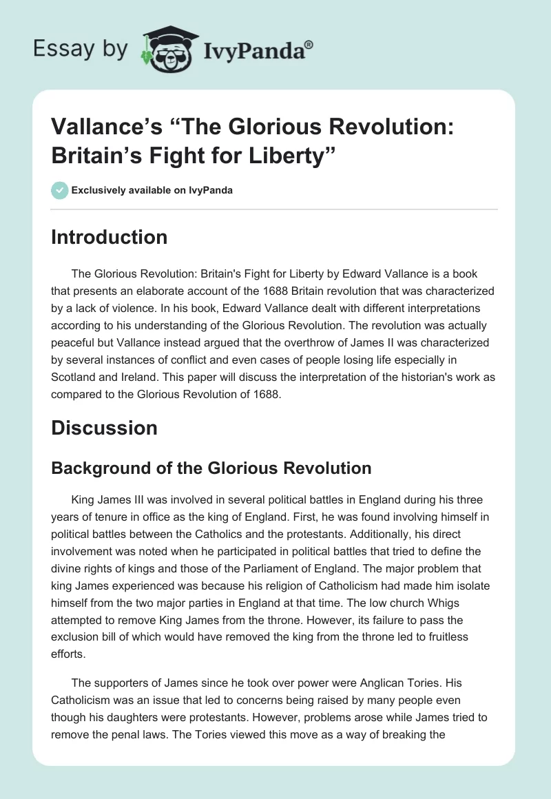 Vallance’s “The Glorious Revolution: Britain’s Fight for Liberty”. Page 1