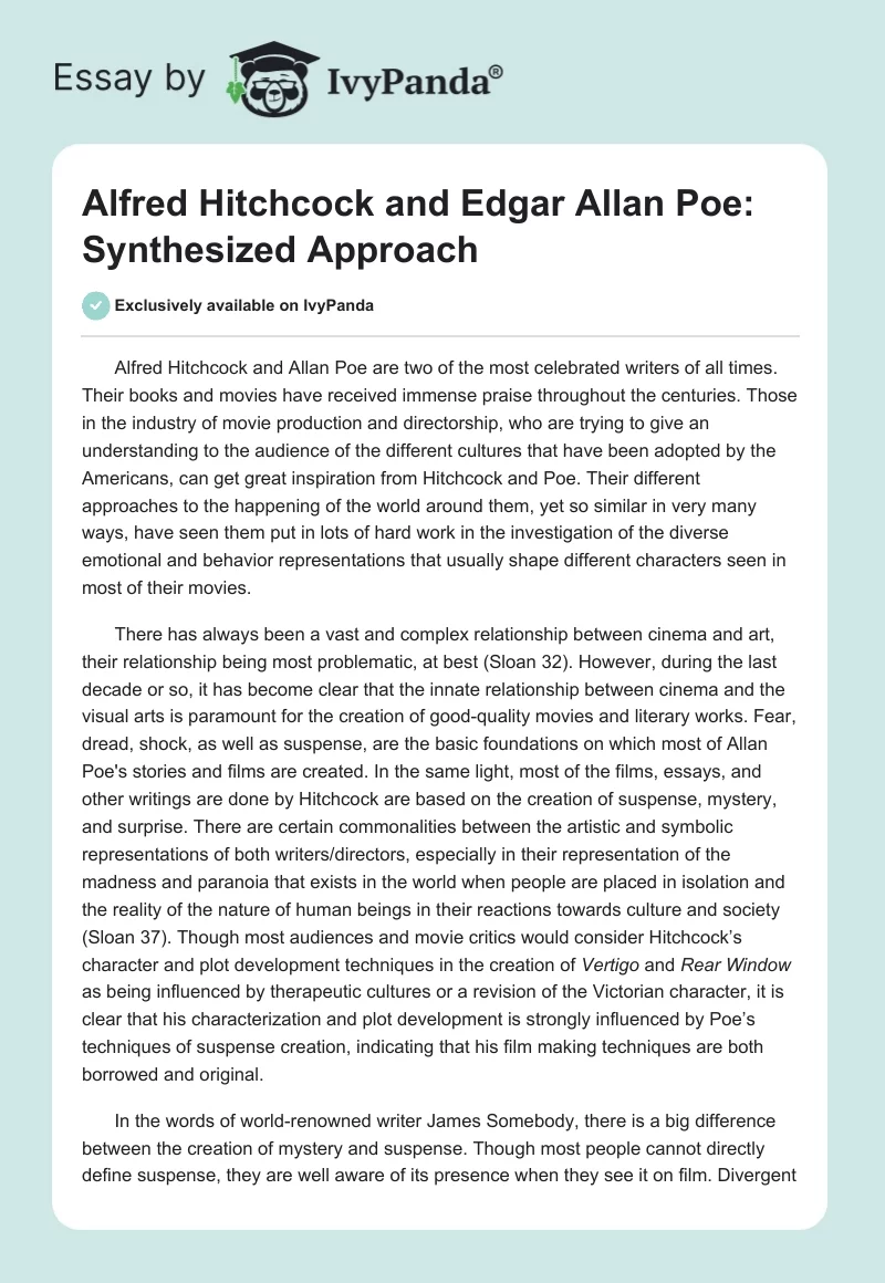 Alfred Hitchcock and Edgar Allan Poe: Synthesized Approach. Page 1