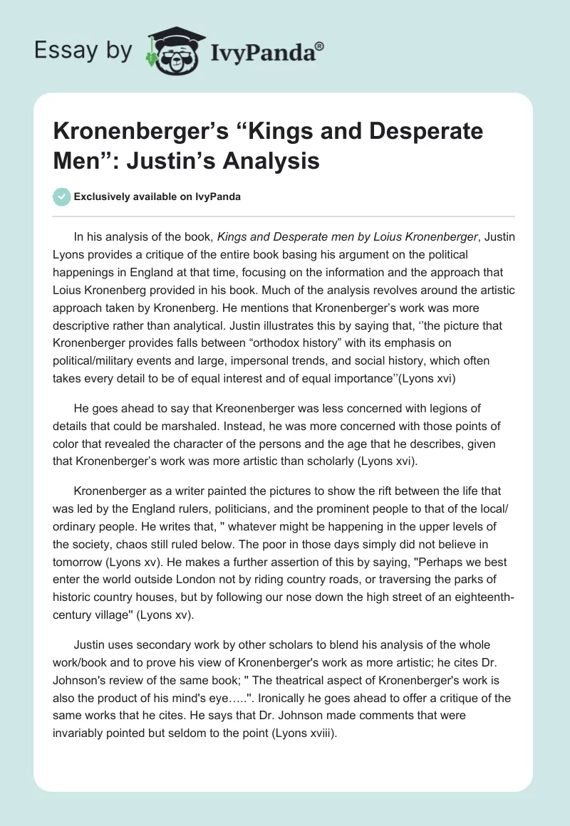 Kronenberger’s “Kings and Desperate Men”: Justin’s Analysis. Page 1