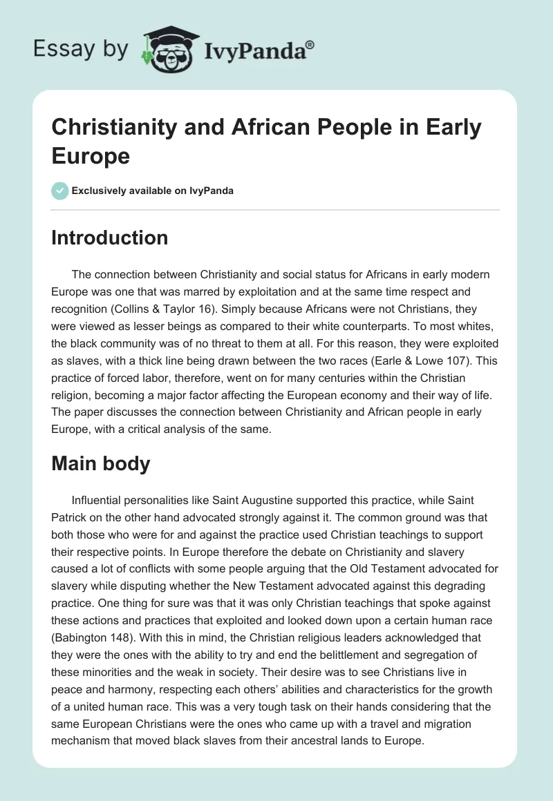 Christianity and African People in Early Europe. Page 1