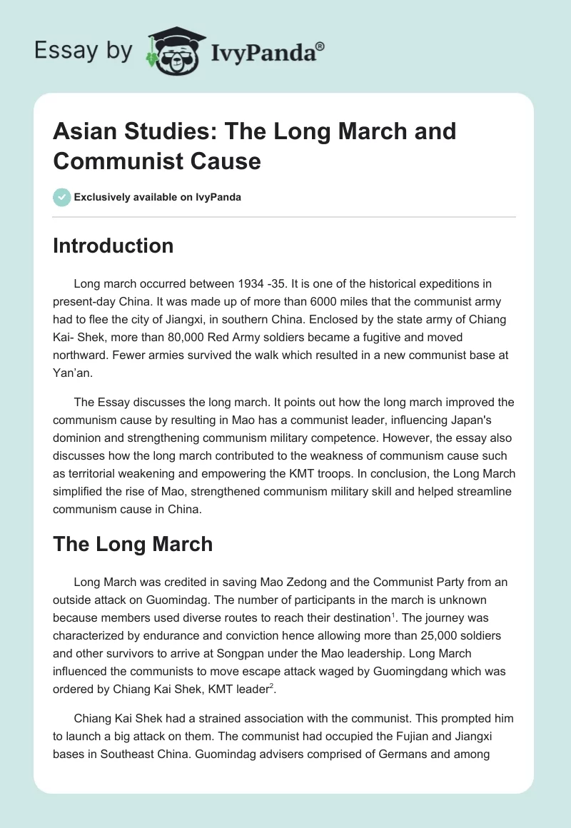 Asian Studies: The Long March and Communist Cause. Page 1