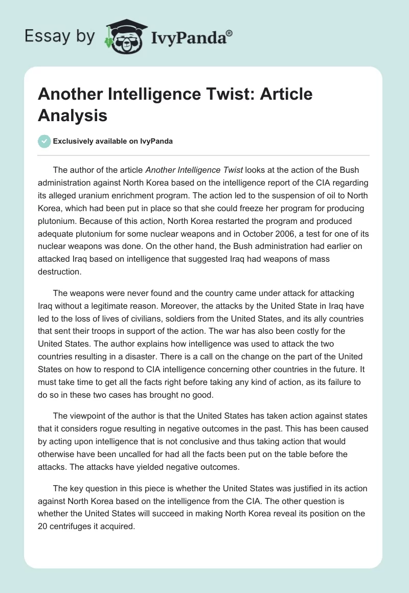 Another Intelligence Twist: Article Analysis. Page 1