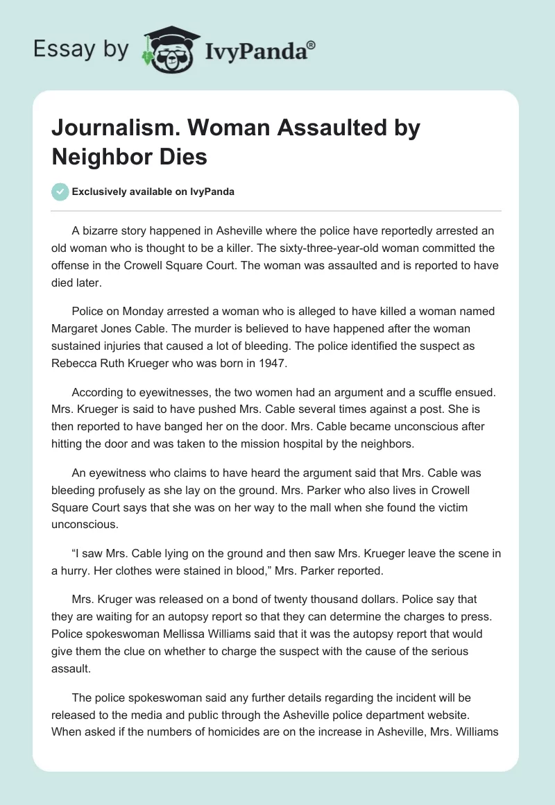 Journalism. Woman Assaulted by Neighbor Dies. Page 1