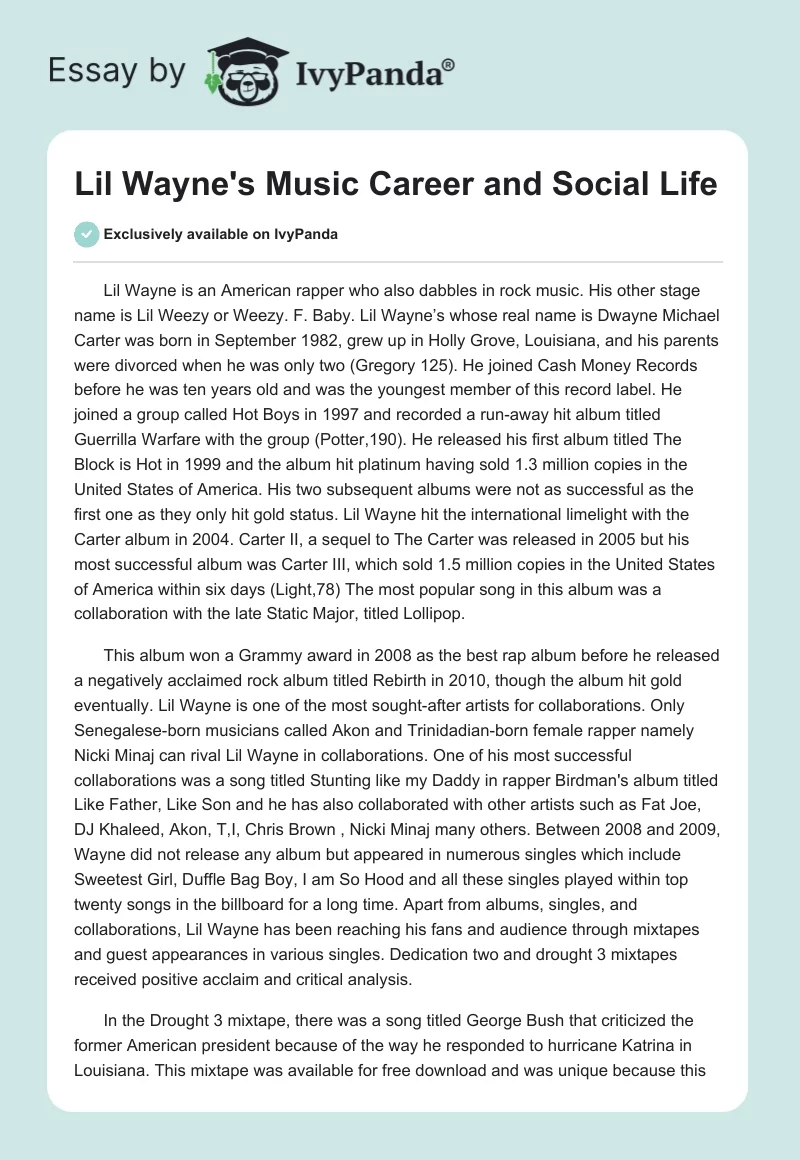 Lil Wayne's Music Career and Social Life. Page 1