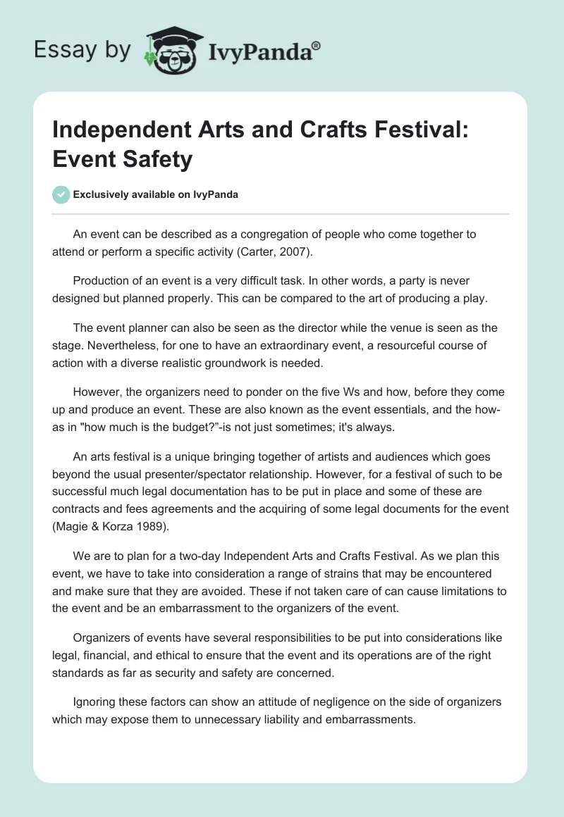 Independent Arts and Crafts Festival: Event Safety. Page 1