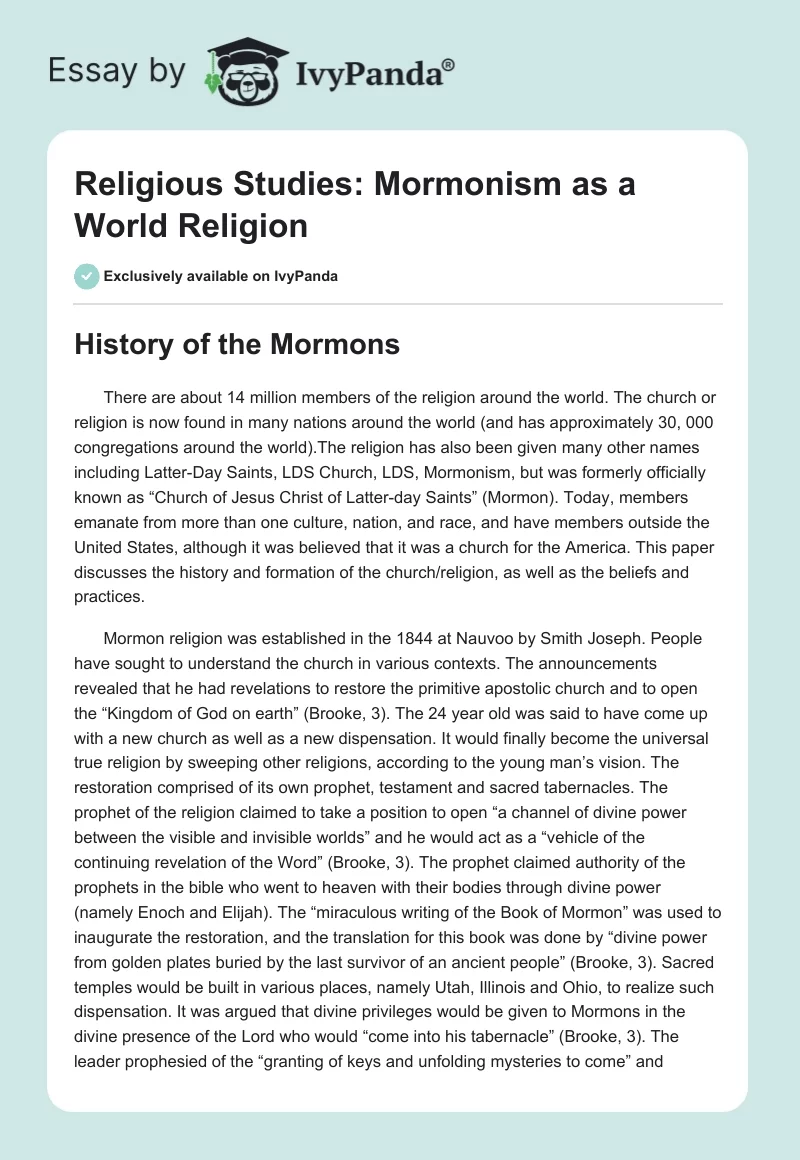 Religious Studies: Mormonism as a World Religion. Page 1