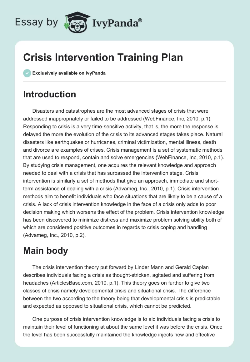 Crisis Intervention Training Plan. Page 1