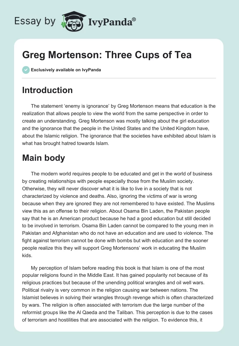 Greg Mortenson: Three Cups of Tea. Page 1