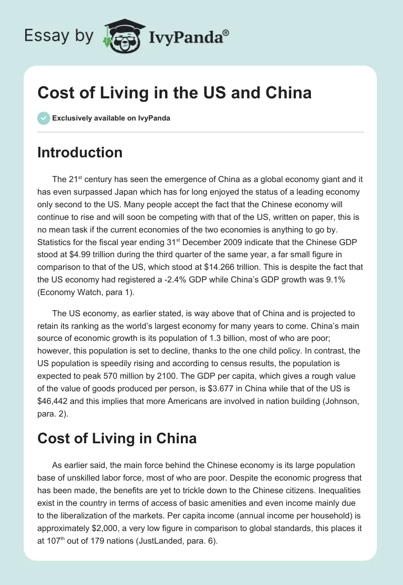 Cost of Living in the US and China. Page 1