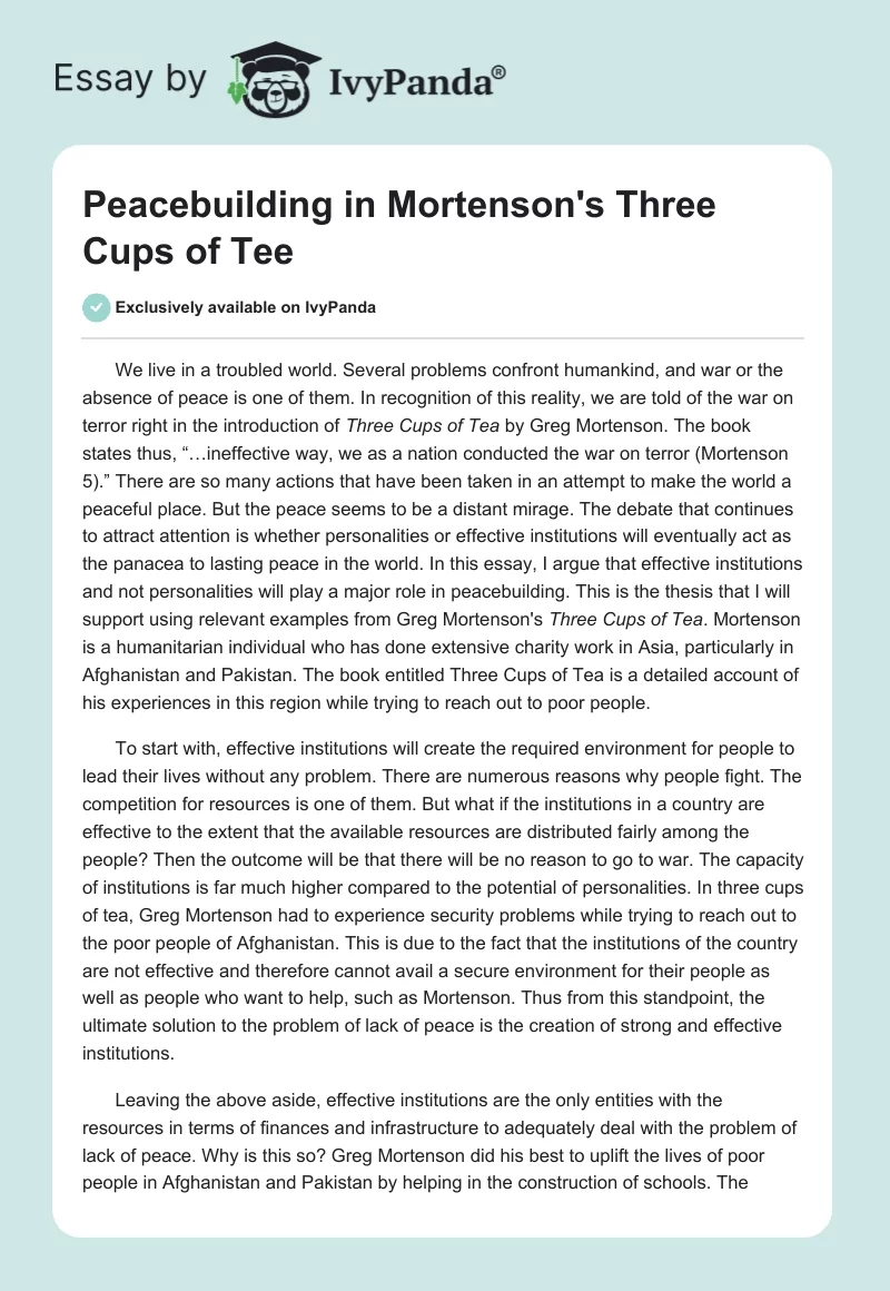 Peacebuilding in Mortenson's "Three Cups of Tee". Page 1
